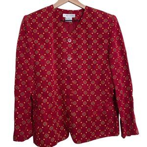 Chaus Red Button Front Blazer Silk Linen Red with Gold Print, Size 14